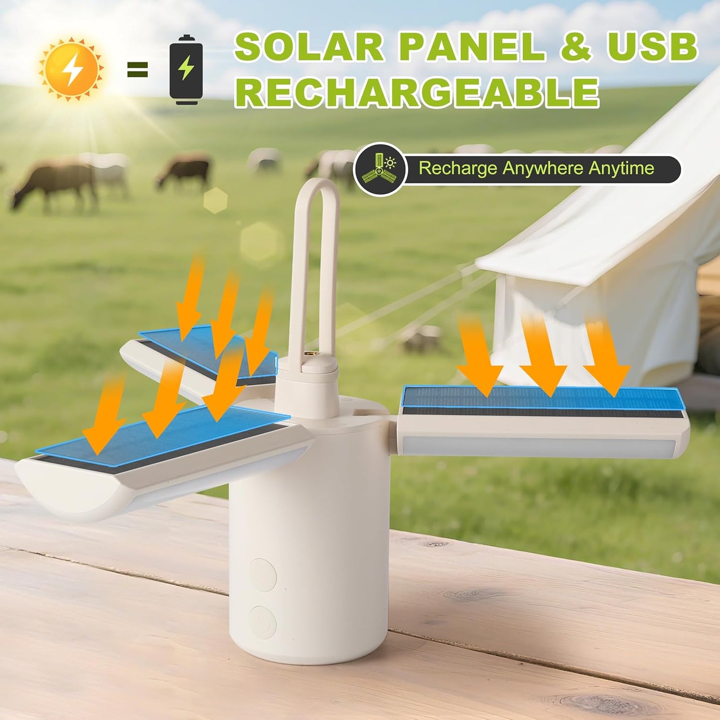 Foldable 3-Leaf Solar Camping Lantern with USB Charging, Portable LED Tent Light & Emergency Flashlight