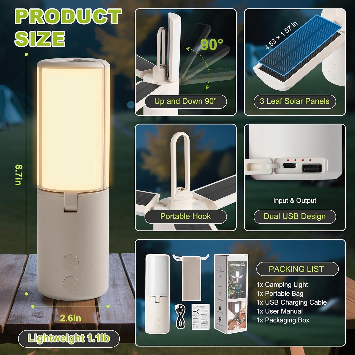 Foldable 3-Leaf Solar Camping Lantern with USB Charging, Portable LED Tent Light & Emergency Flashlight