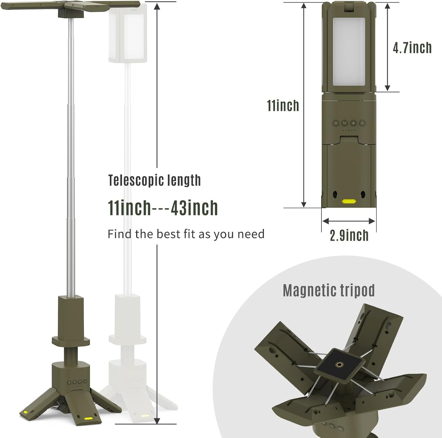 Multifunctional Foldable Camping Light - 180°+360° Rotation, 4 - Color Modes, Magnetic Tripod & Telescopic Stand, Outdoor Lighting Gadget（Light Size: 11inch×2.9inch×4.7inch；Stand: 11inch - 43inch ）