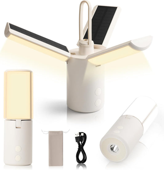 Foldable 3-Leaf Solar Camping Lantern with USB Charging, Portable LED Tent Light & Emergency Flashlight
