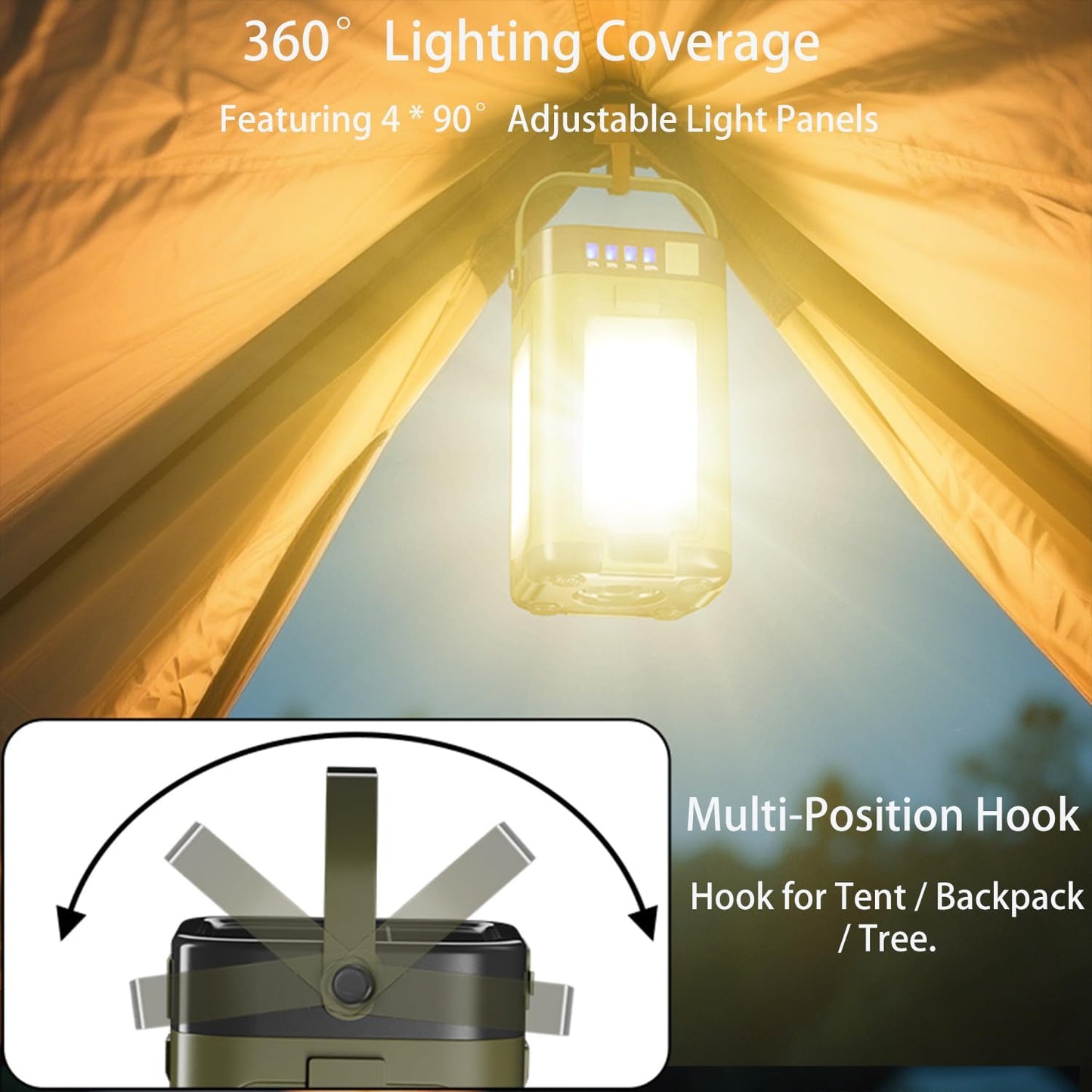 Professional Outdoor Foldable Camping Light - 360° Omnidirectional Lighting, 4 Adjustable Panels, Smart Power Display, Multi - Scenario Emergency Lamp（Size: Length 18cm×Width 12cm×Height 25cm ）